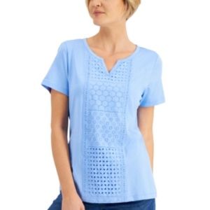 Karen Scott Eyelet-Embroidered Split-Neck Top New With Tag size S.